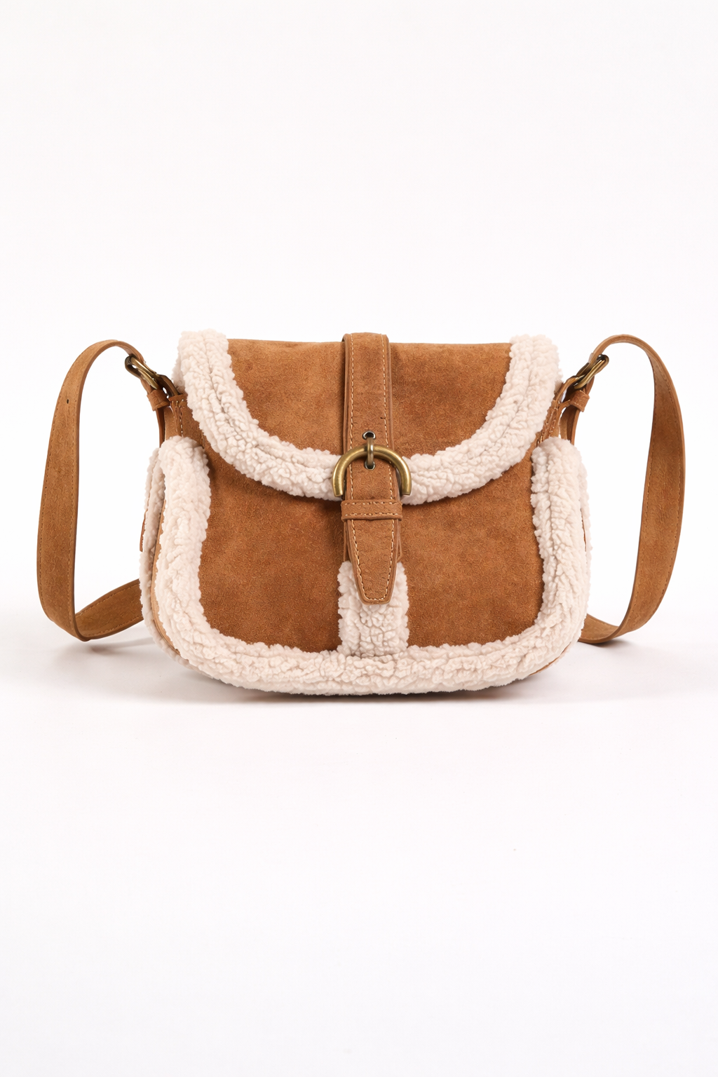 Women’s Brown Faux Suede Shearling Trim Crossbody Bag – Vintage Buckle Flap Shoulder Bag