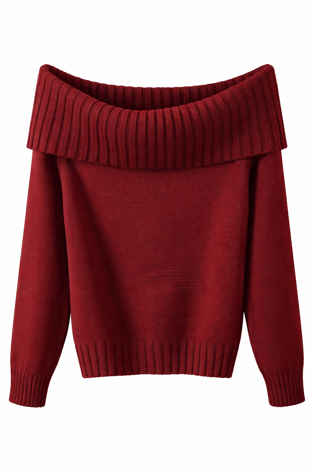 Burgundy Off-Shoulder Foldover Knit Sweater for Women – Elegant Ribbed Winter Pullover