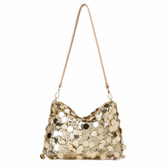 Light Gold Sequin Shoulder Bag with Long Strap, Shimmer Evening Hobo Bag for Parties & Special Occasions