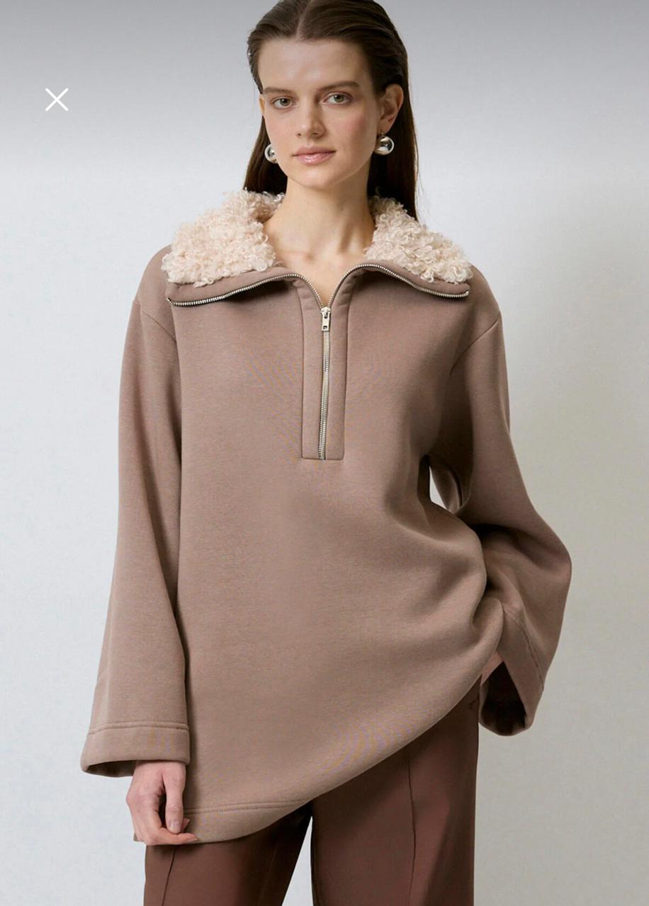 Women’s Taupe Oversized Half-Zip Fleece Collar Sweatshirt – Cozy Longline Winter Pullover