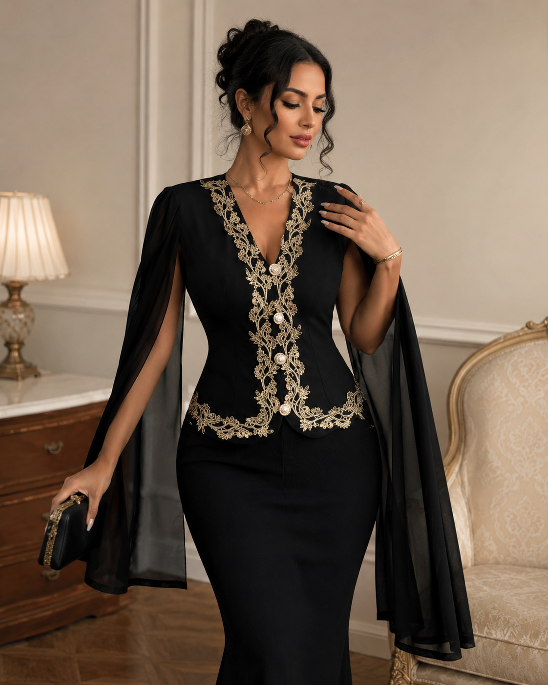Women’s Black Embroidered Cape Sleeve Evening Dress