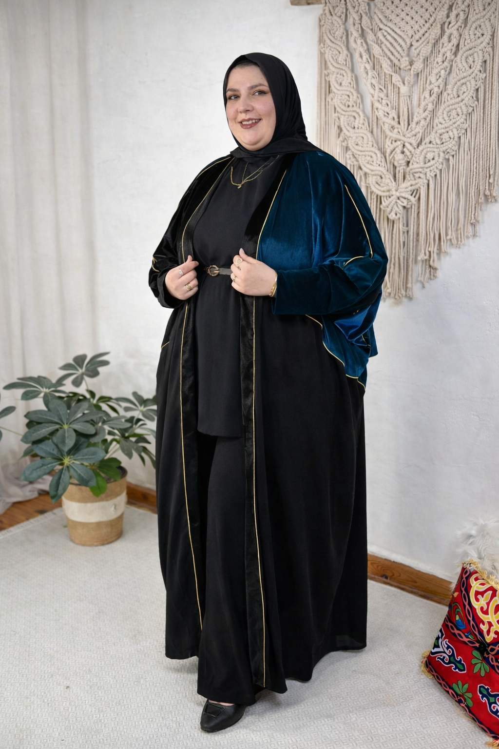 Plus Size Velvet Open Abaya Set – Black & Teal – Elegant Modest 3 Piece Outfit