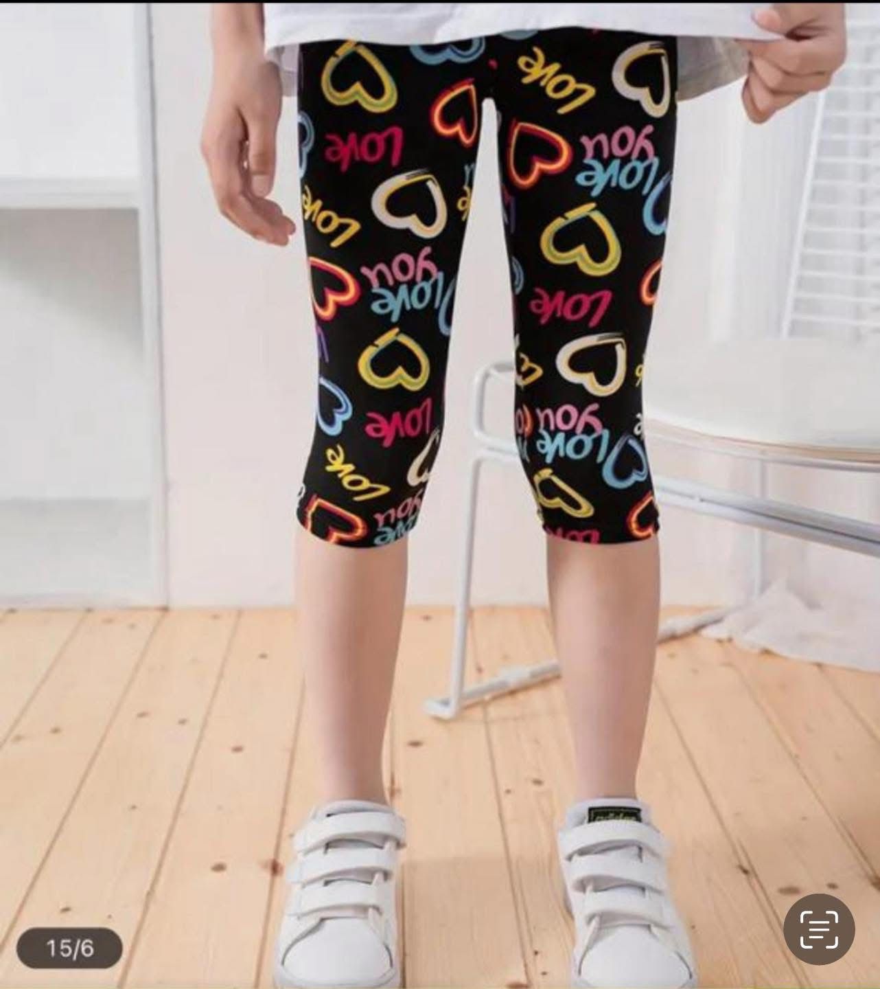 Girls Capri Leggings Set – Soft Stretch Knee-Length Cotton Blend – Grey Side Stripe & Black Love Print – Casual Everyday Kids Bottoms