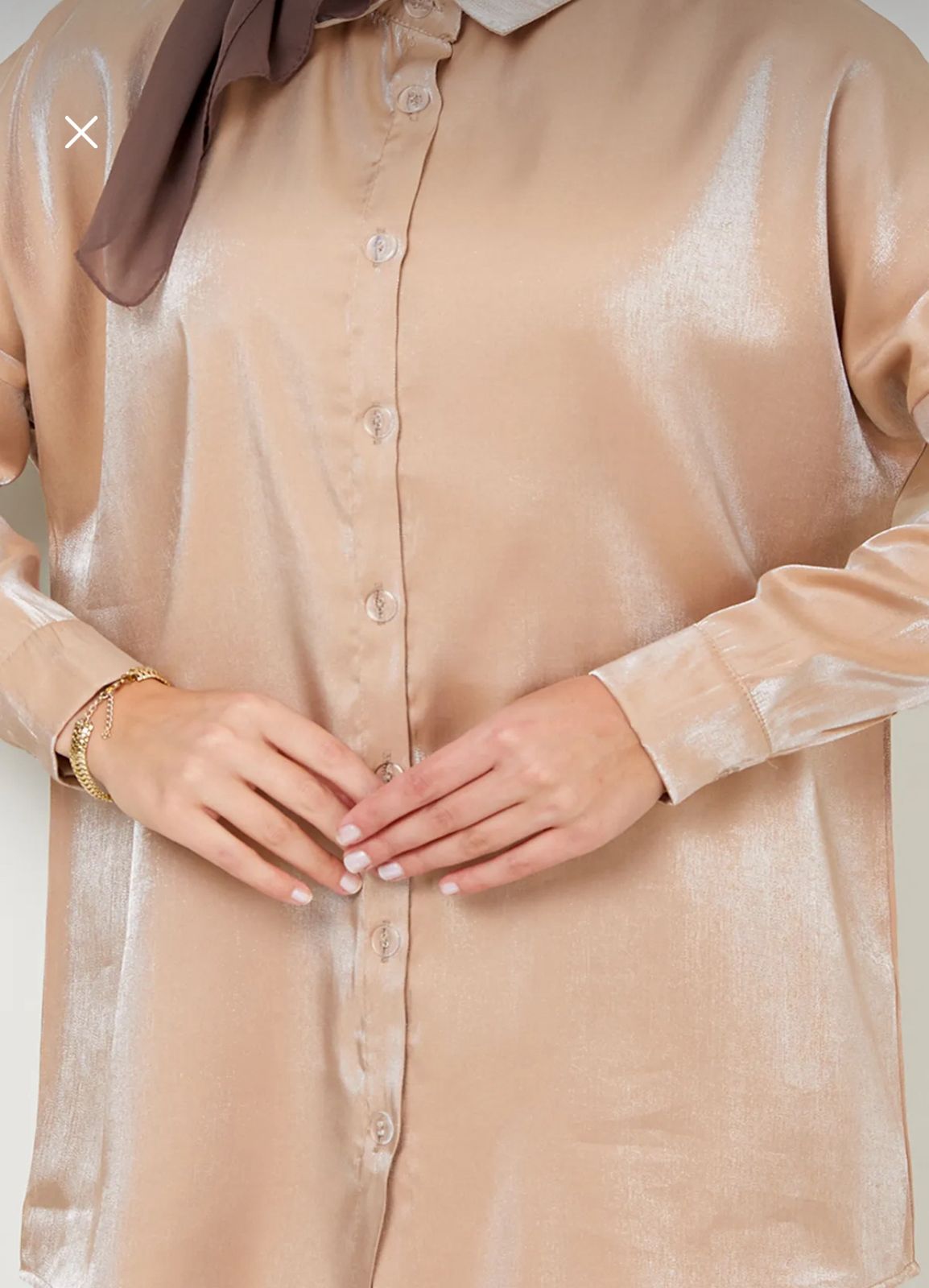 Women’s Beige Satin Two Piece Set – Button Up Shirt and Wide Leg Pants