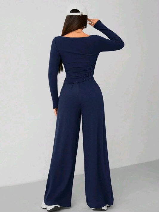 Navy Blue Women’s Two-Piece Lounge Set with Long Sleeve Top and Wide Leg Pants