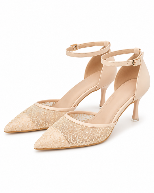 Beige Lace Pointed Toe Ankle Strap Kitten Heels for Women