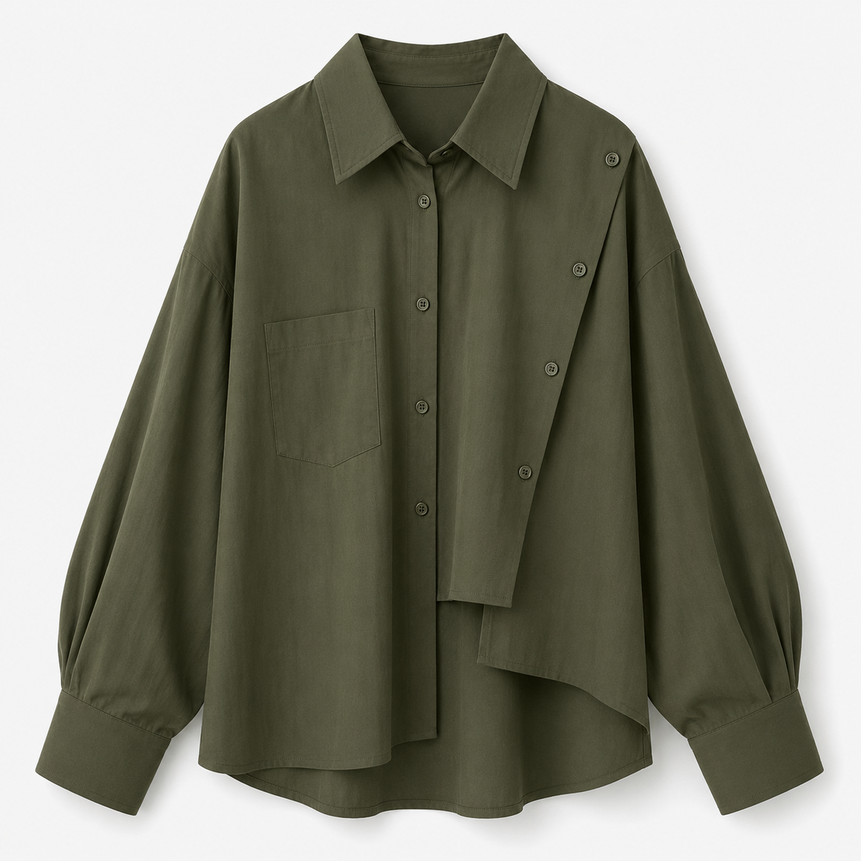 SHEIN Women’s Olive Green Asymmetric Button-Up Shirt – Oversized Long Sleeve Blouse, SHEIN Fast Delivery in 5 Days