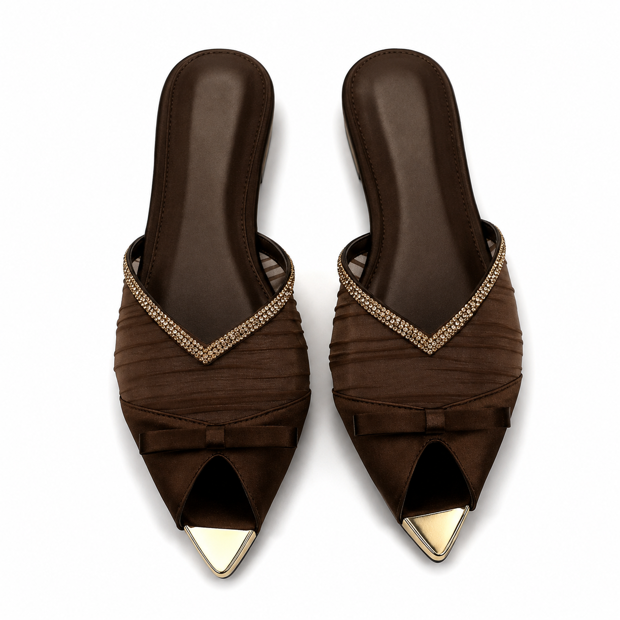 SHEIN Women’s Brown Satin Flat Mules – Rhinestone V Strap Pointed Toe Slides, SHEIN Fast Delivery in 5 Days
