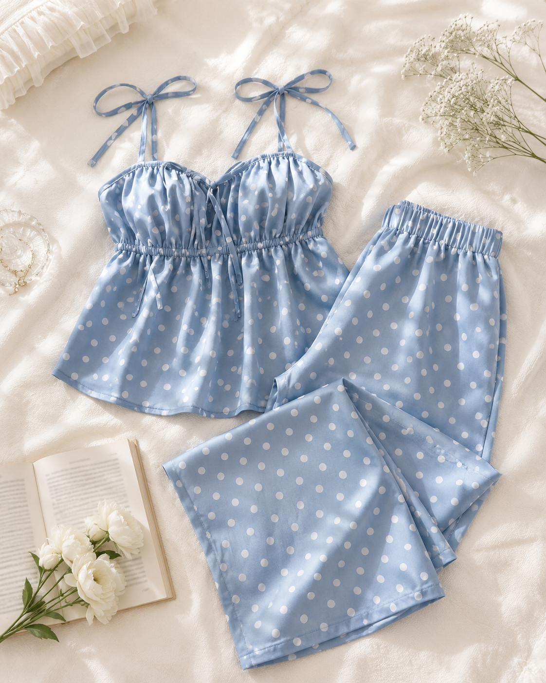 Women’s Blue Polka Dot Cami Top and Wide Leg Pants Set