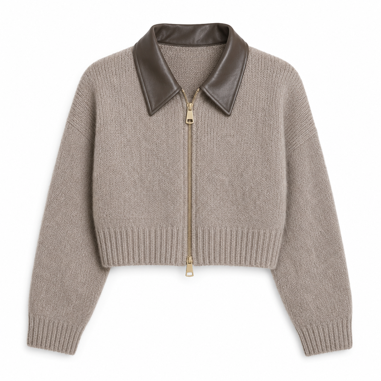 Women Beige Cropped Knit Cardigan with Faux Leather Collar and Front Zipper