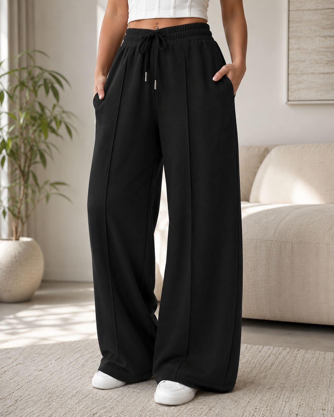 Women’s Wide Leg Drawstring Pants – Black Casual Loose Fit Trousers