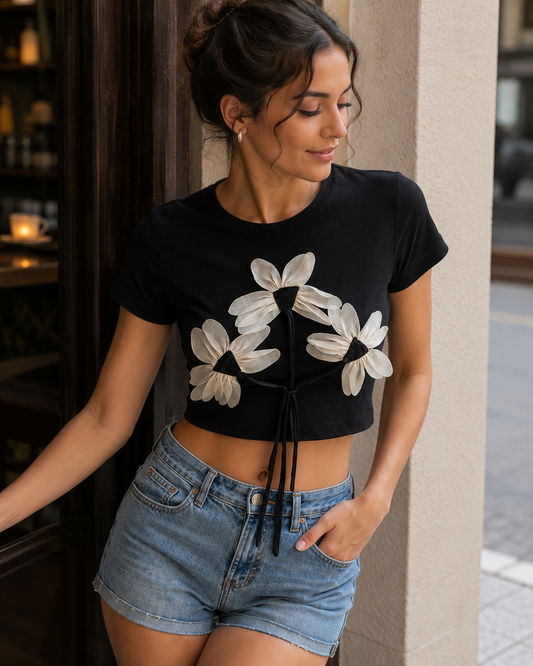 SHEIN Black 3D Floral Crop Top - SHEIN Fast Delivery in 5 Days