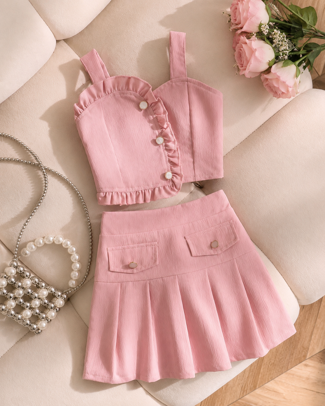 Girls’ Pink Two Piece Skirt Set – Ruffle Button Crop Top and Pleated Skirt
