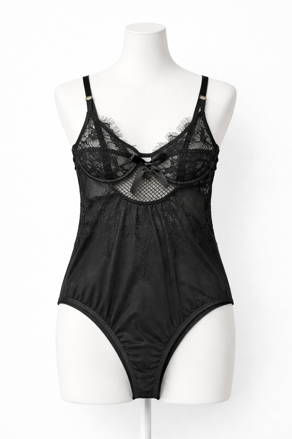 Elegant Black Lace Teddy Bodysuit โ Sheer Mesh Lingerie One Piece for Women