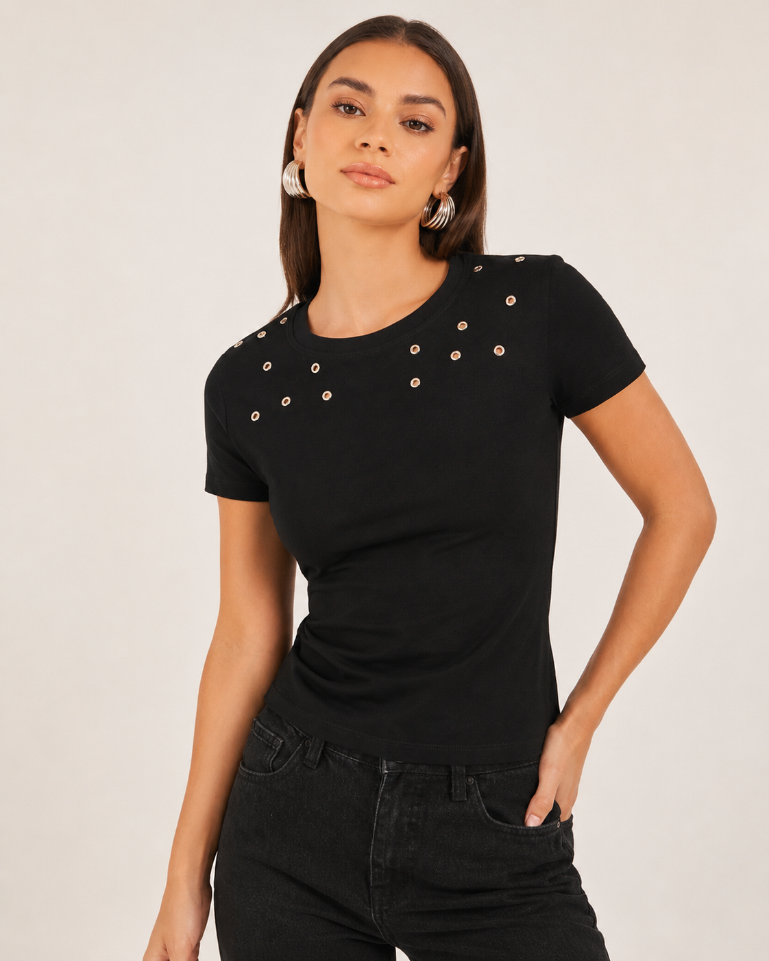 SHEIN Fast Delivery in 5 Days Black Eyelet Detail Fitted T-Shirt