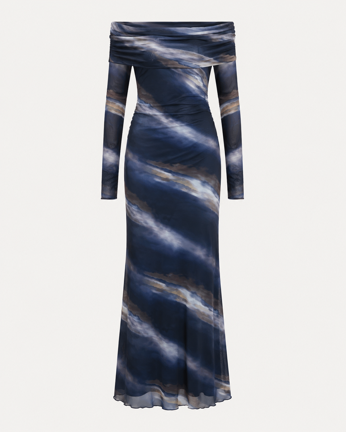 Elenzga Off-Shoulder Printed Mesh Maxi Dress – Blue Grey