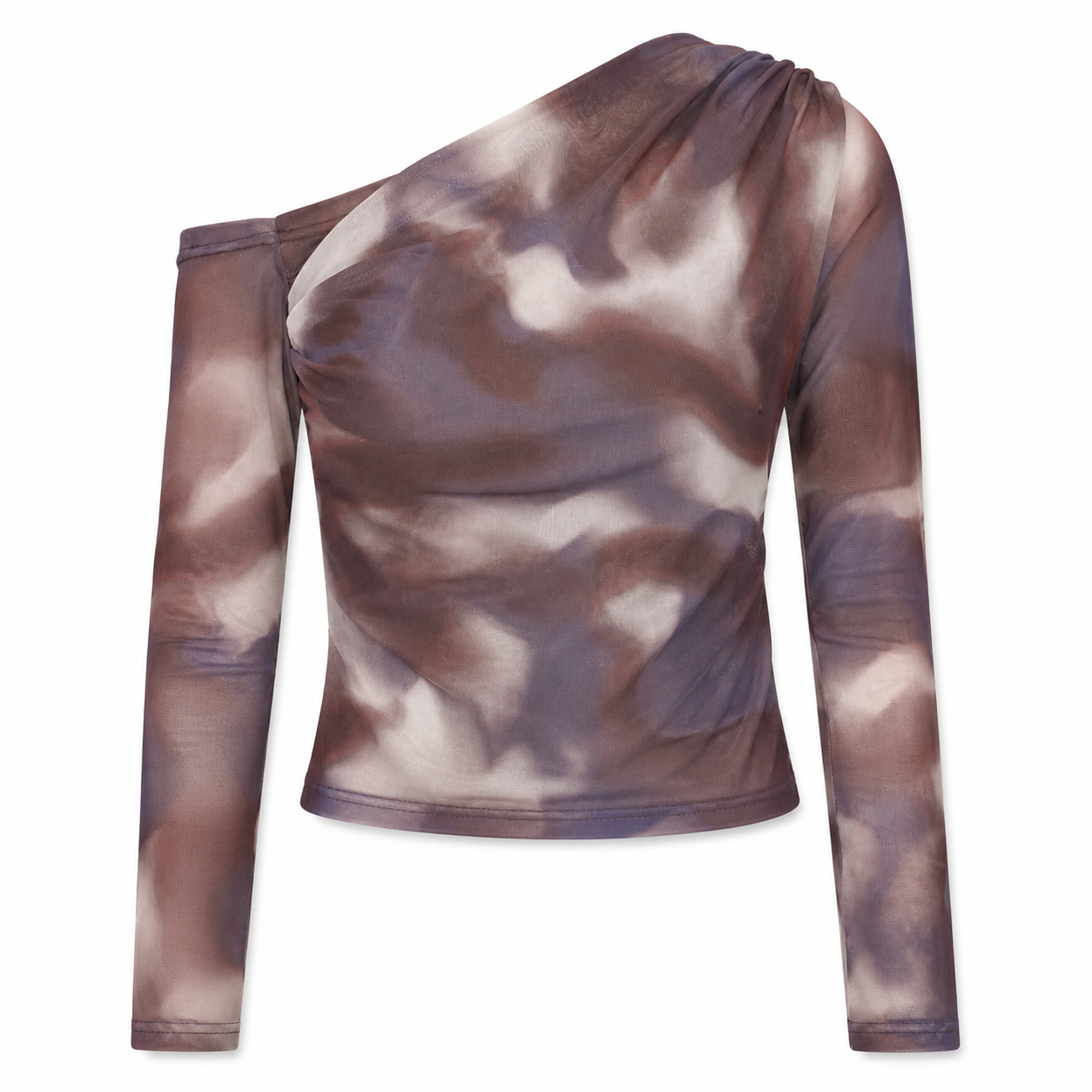 Trendyol Women’s Marble Print One Shoulder Mesh Top – Long Sleeve Sheer Blouse