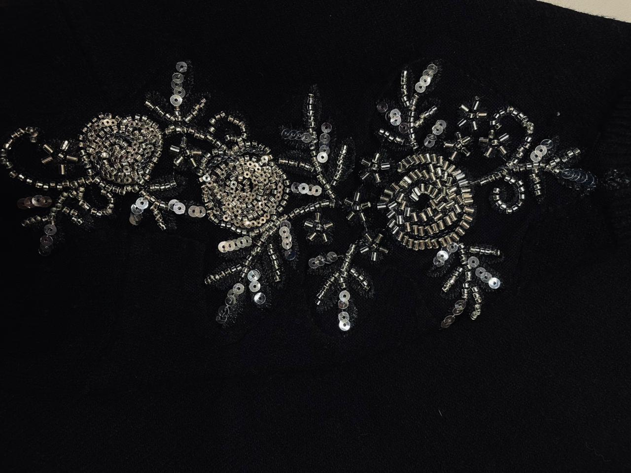 Women’s Black Embellished Shoulder Knit Sweater – Elegant Beaded Floral Detail Pullover