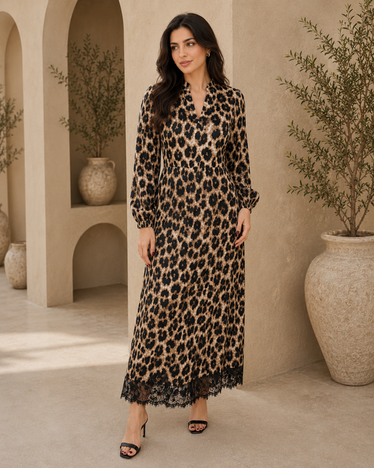 Women’s Leopard Print Maxi Dress – Long Sleeve Lace Hem Dress
