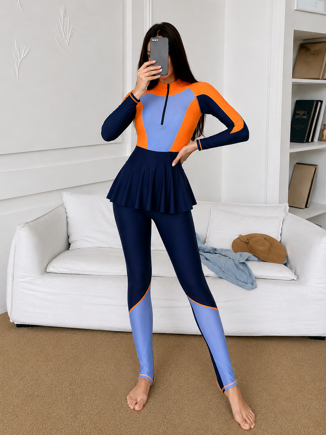 Women’s Modest Sport Swimsuit Set – Long Sleeve Color Block Swimwear with Skirted Leggings – Navy Orange & Blue