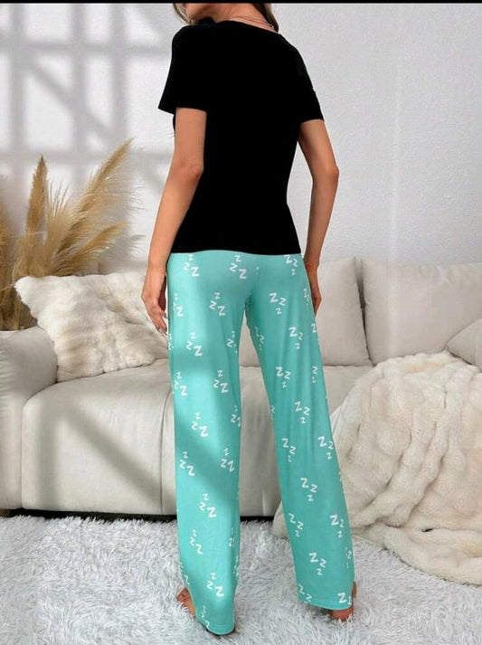 SHEIN Fast Delivery Women’s Mint Lounge Pajama Set – Graphic T-Shirt & Printed Pants