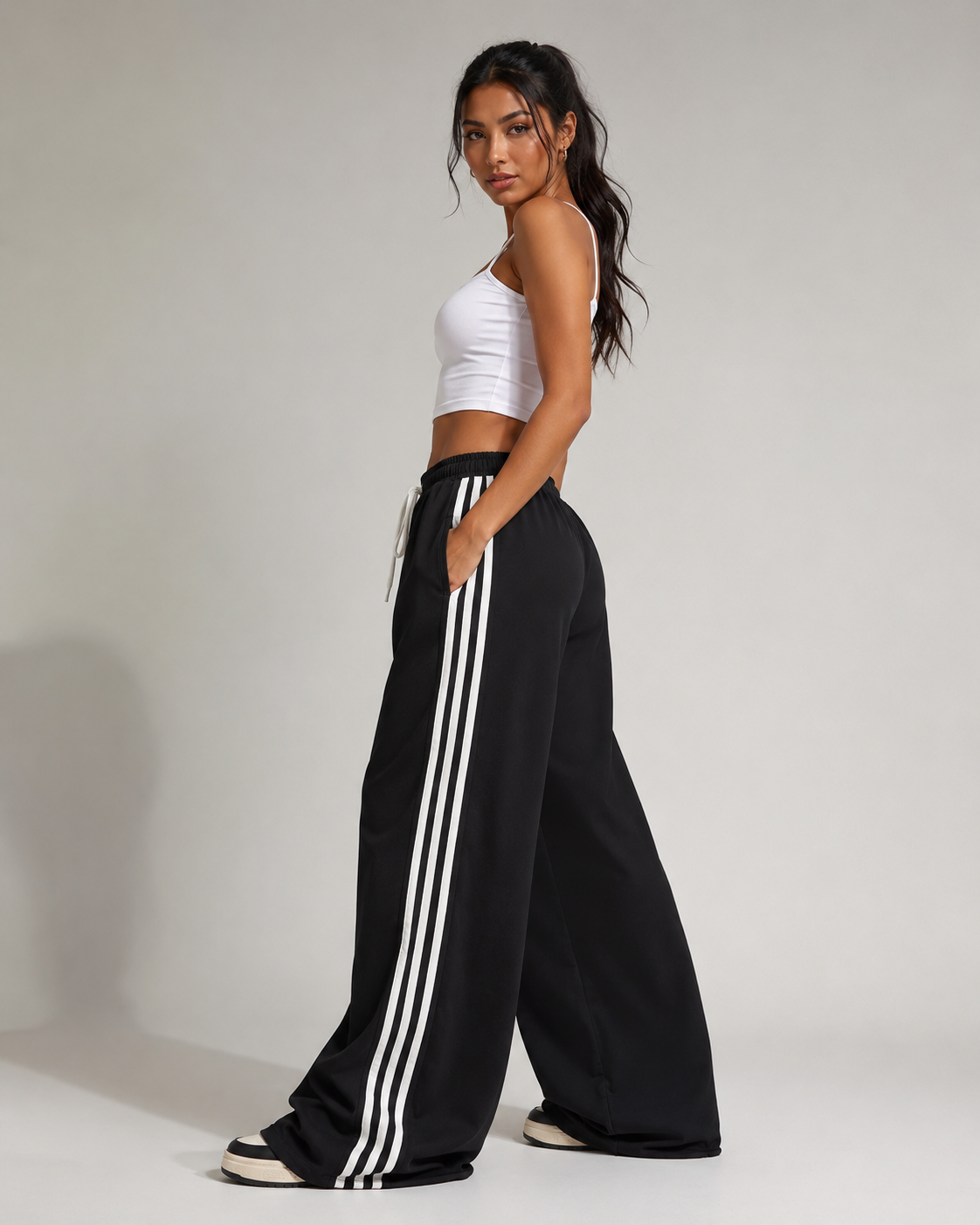 SHEIN Fast Delivery Black Wide Leg Track Pants โ White Side Stripe Drawstring Sweatpants