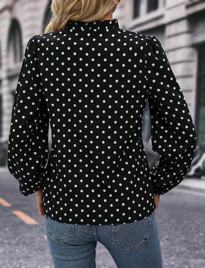 SHEIN Fast Delivery Women’s Black Polka Dot Ruffle Blouse