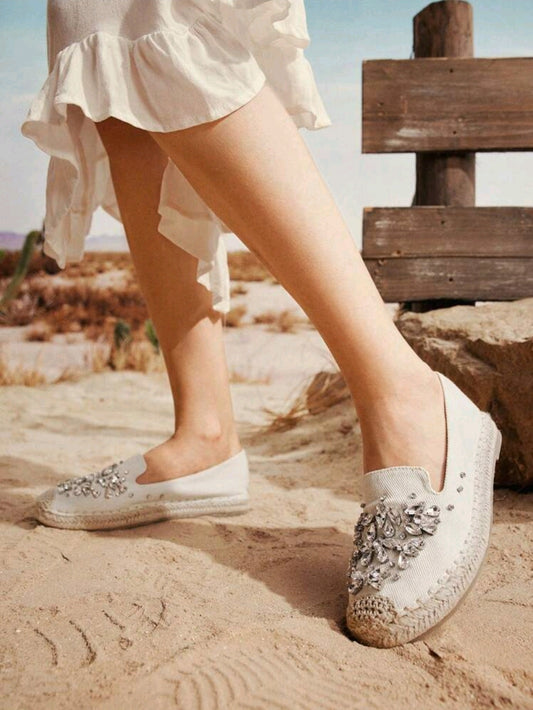 White Slip-On Espadrille Flats for Women with Crystal Embellished Front Detail