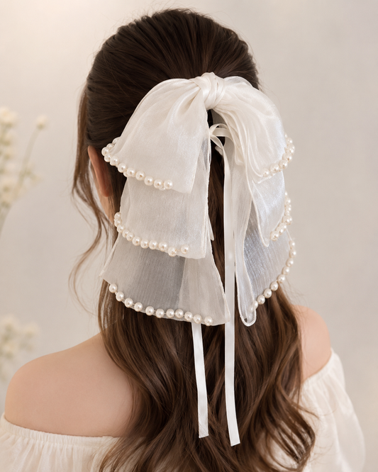 Women’s White Pearl Trim Bow Hair Clip
