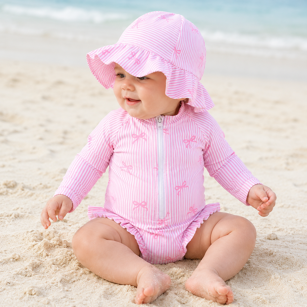 Baby Pink Striped Bow Long Sleeve Swimsuit Set with Hat – SHEIN Fast Delivery in 5 Days