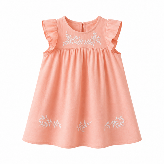 Girls Peach Embroidered Flutter Sleeve Dress