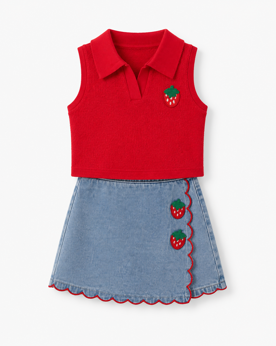 Girls Red Top and Denim Strawberry Skirt Set โ SHEIN Fast Delivery in 5 Days