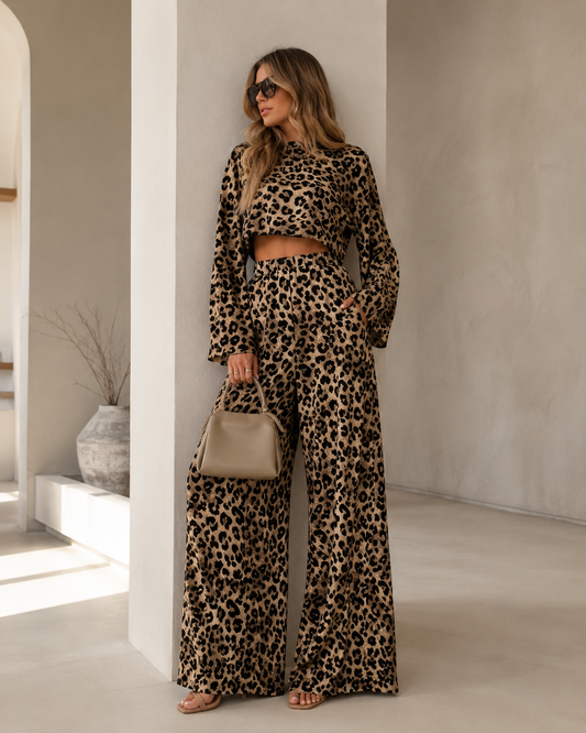 Women’s TEMU Leopard Print Three Piece Set – Crop Top, Long Cardigan and Wide Leg Pants
