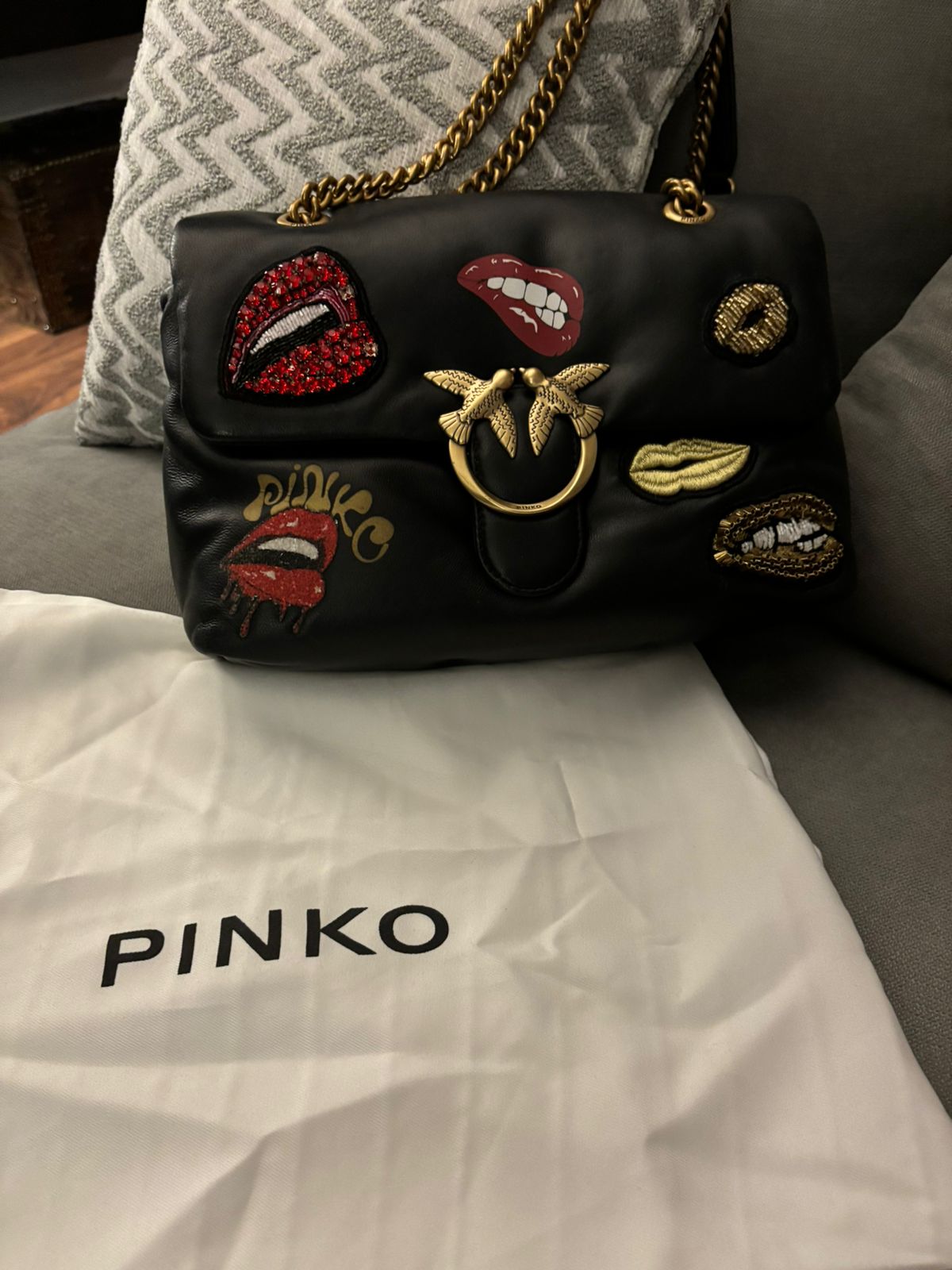 Original Pinko Style Black Leather Shoulder Bag – Chain Strap Designer Women Handbag