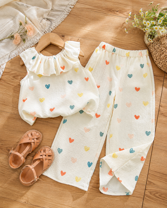 Girls’ Cream Heart Print Two Piece Set – Ruffle Collar Top and Wide Leg Pants