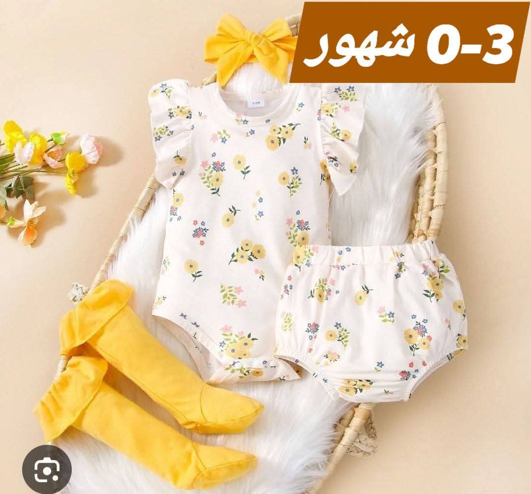 Baby Girl White Floral Romper Set with Yellow Bow Headband and Matching Socks, 0โ3 Months