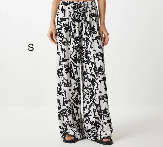 Women’s Trendyol White Black Abstract Wide Leg Pants – Viscose Drawstring Palazzo Pants