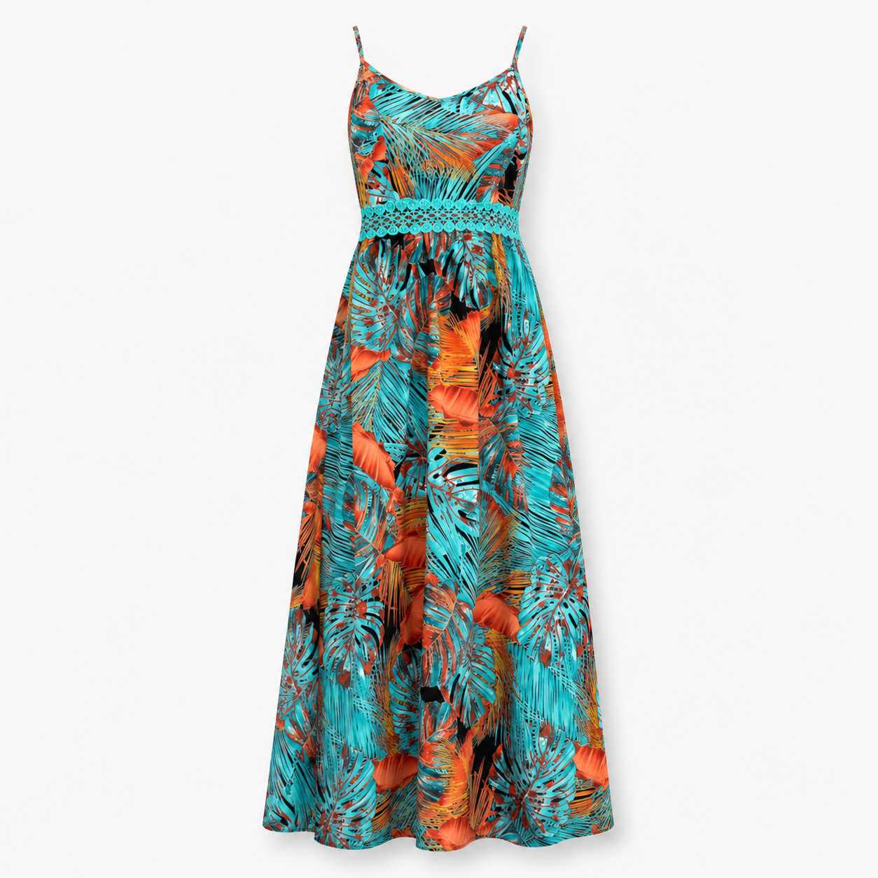 Tropical Print Spaghetti Strap Maxi Dress