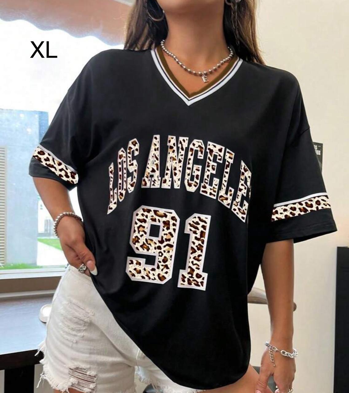 Women’s Black Los Angeles 91 Jersey T-Shirt – Oversized V Neck Casual Top