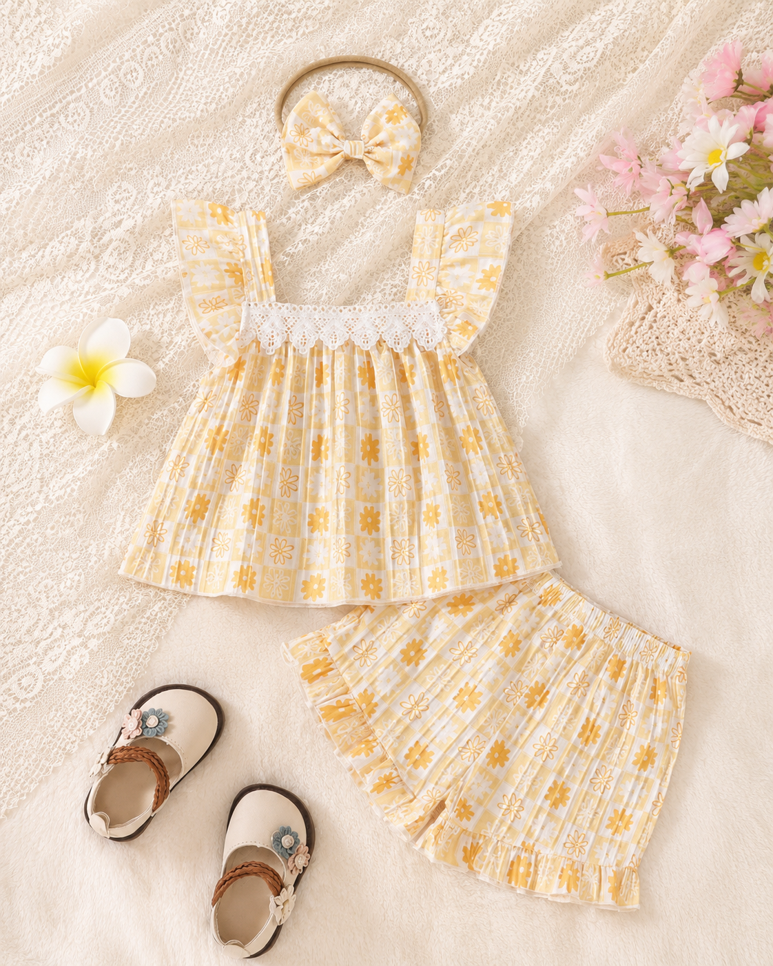 Baby Girls’ Yellow Floral Summer Outfit Set – Sleeveless Top, Shorts, and Matching Headband