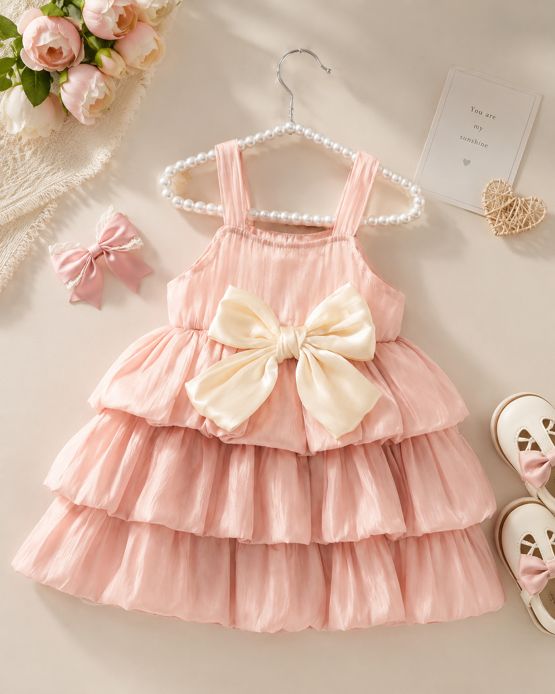 Girls Pink Layered Tulle Dress with Large Bow Detail and Sleeveless Design
