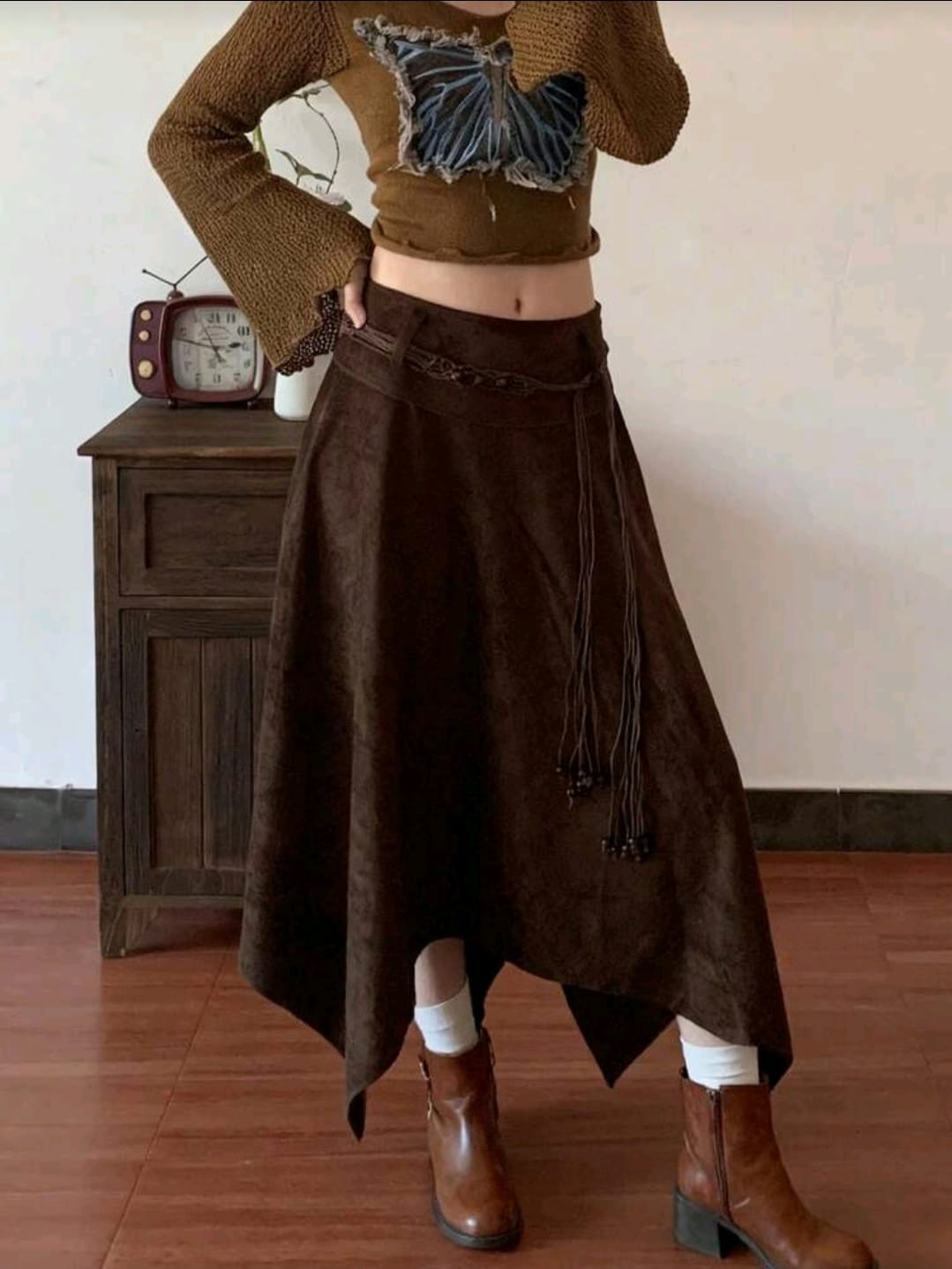 Suede Asymmetrical Midi Skirt – Dark Brown – Elegant Flow Fit (Without Belt)