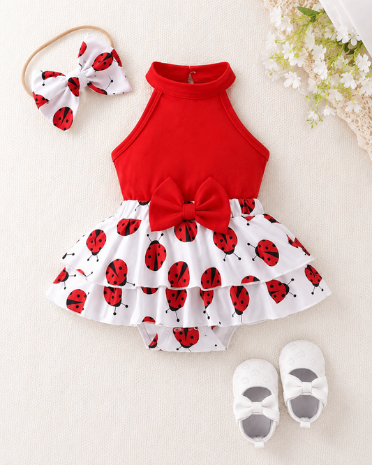 Baby Girls Red Ladybug Romper Dress with Matching Headband