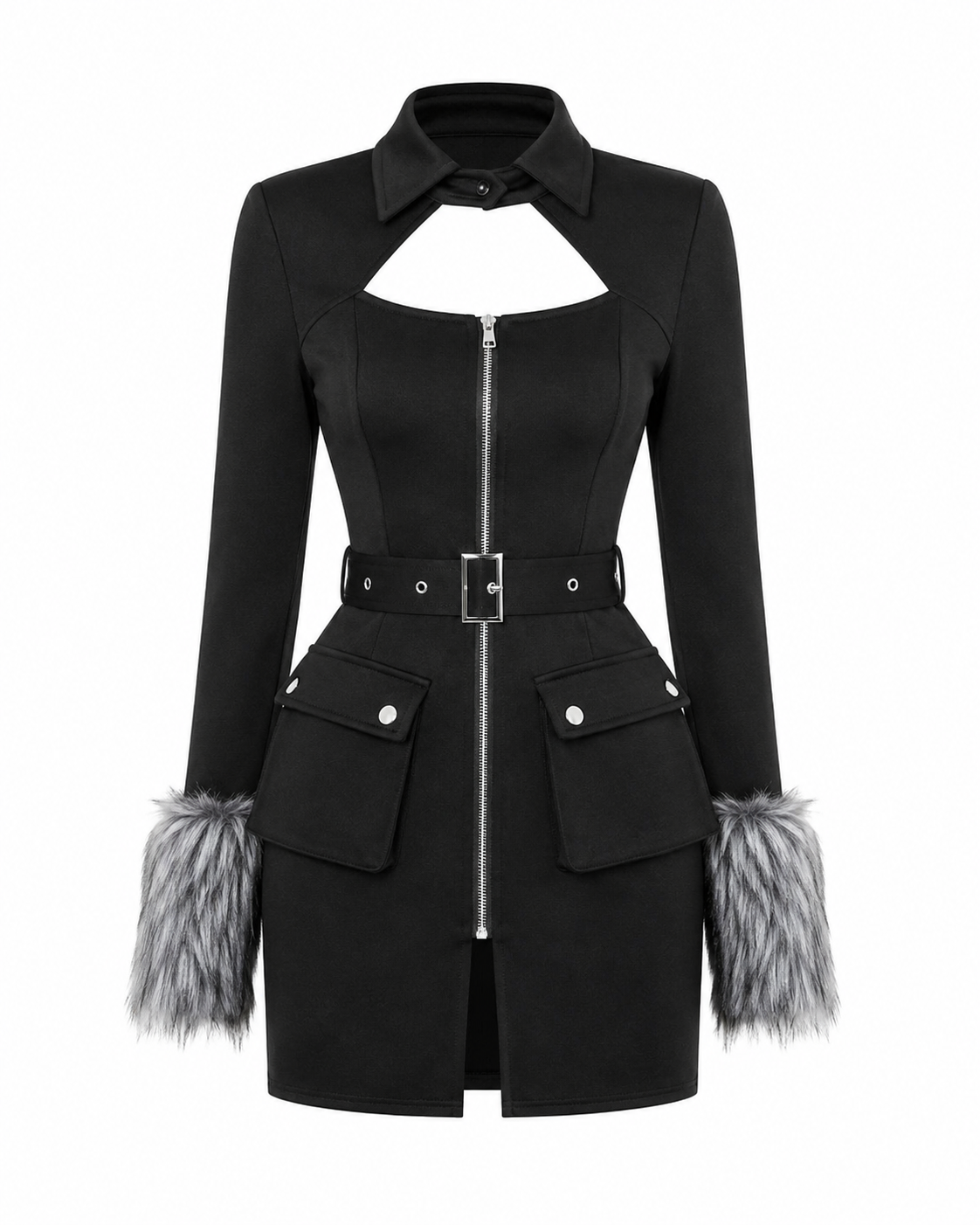 Women’s Black Faux Fur Cuff Mini Dress – Long Sleeve Zip Front Bodycon Dress with Belt Detail