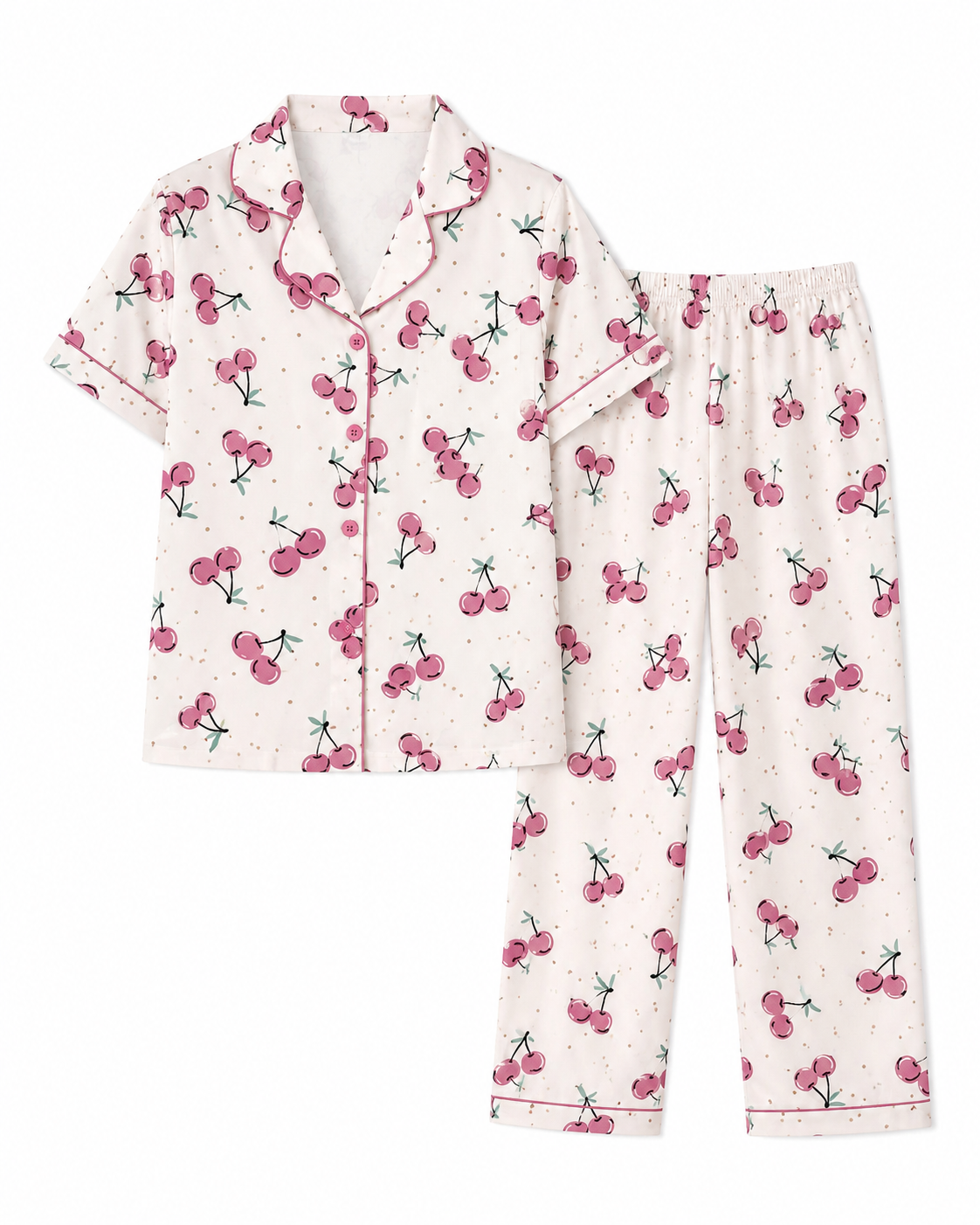 Women’s Cherry Print Pajama Set – Short Sleeve Button Shirt & Wide Leg Pants