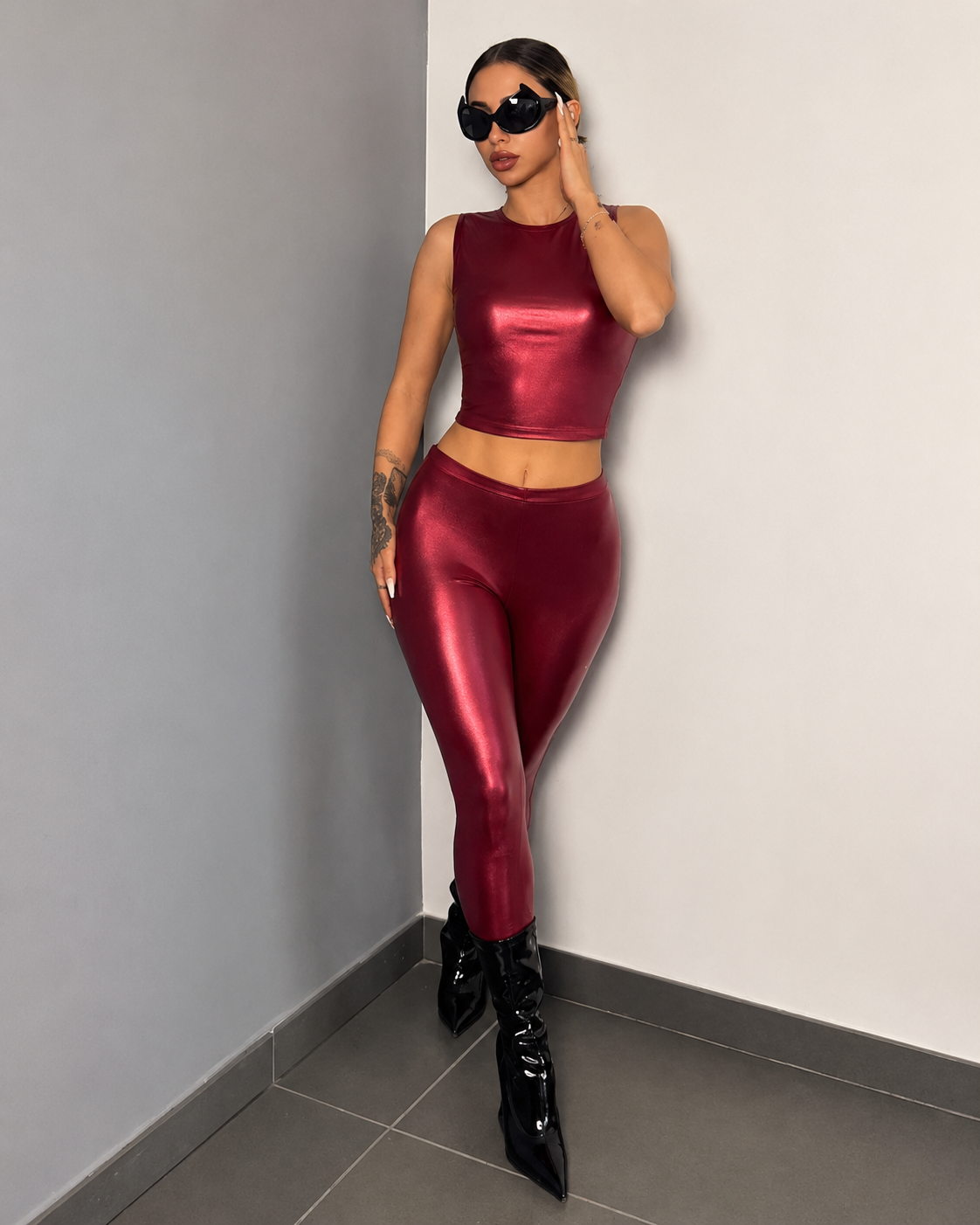 SHEIN Women’s Burgundy Metallic Leggings & Crop Top Set – 2 Piece Shiny Outfit, SHEIN Fast Delivery in 5 Days