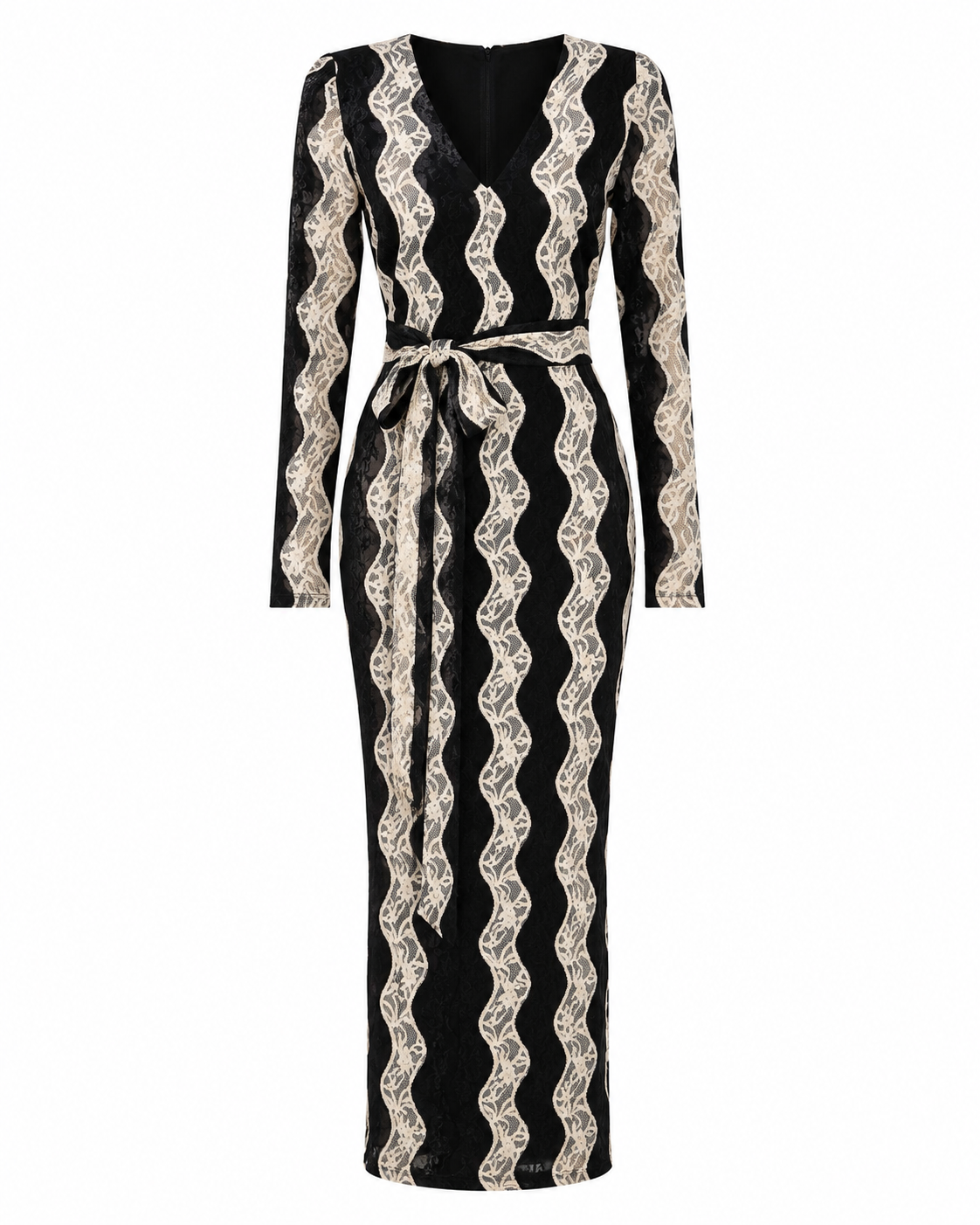 Women’s Black and Cream Lace Print Midi Dress – Long Sleeve V Neck Belted Elegant Dress