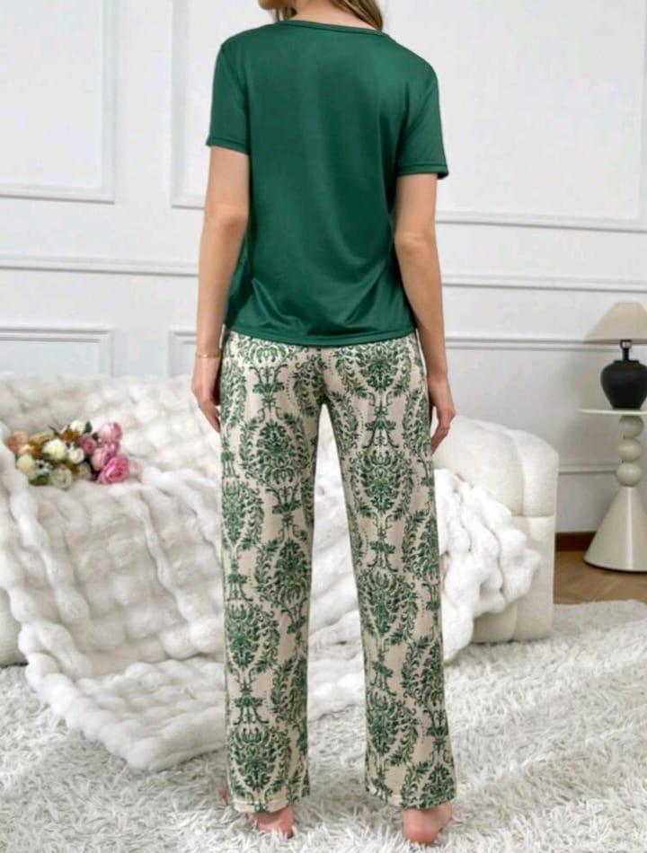 SHEIN Fast Delivery Green Top Printed Pajama Set