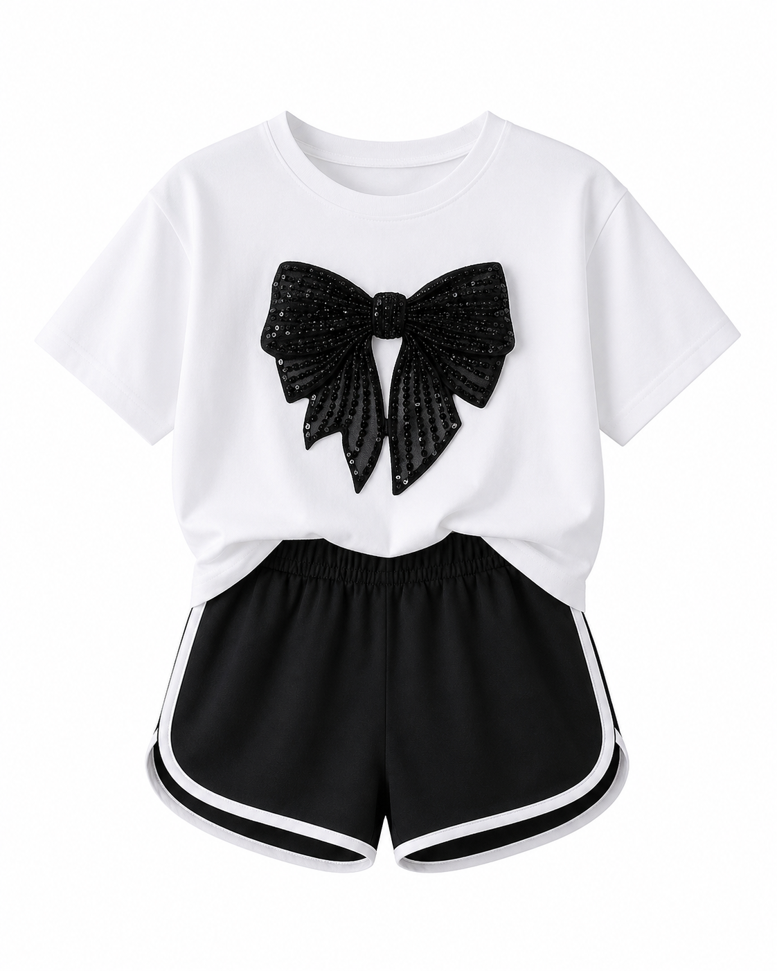 Girls White Bow T-Shirt and Black Shorts Set – SHEIN Fast Delivery in 5 Days