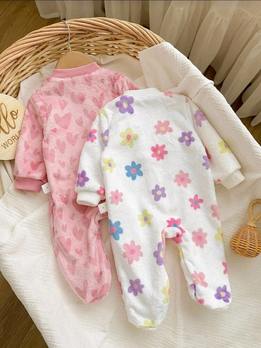 Baby Girls 2 Pieces Fleece Winter Romper Set – Heart & Floral Print Zip Onesies
